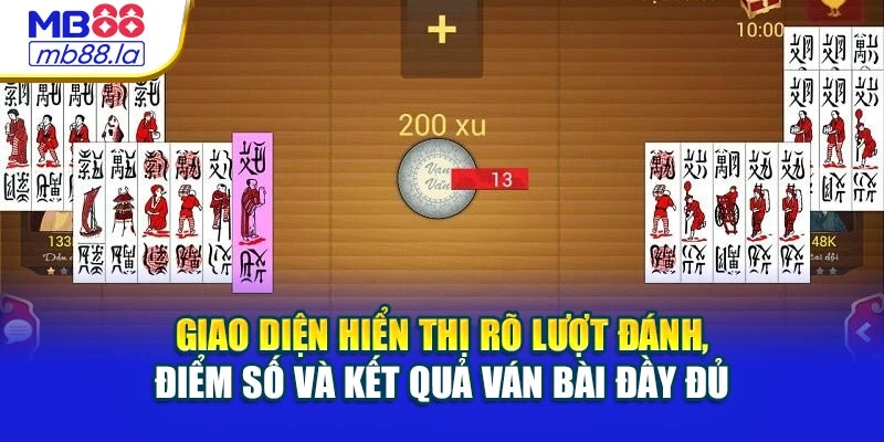 Giao diện hiển thị rõ lượt đánh, điểm số và kết quả ván bài đầy đủ